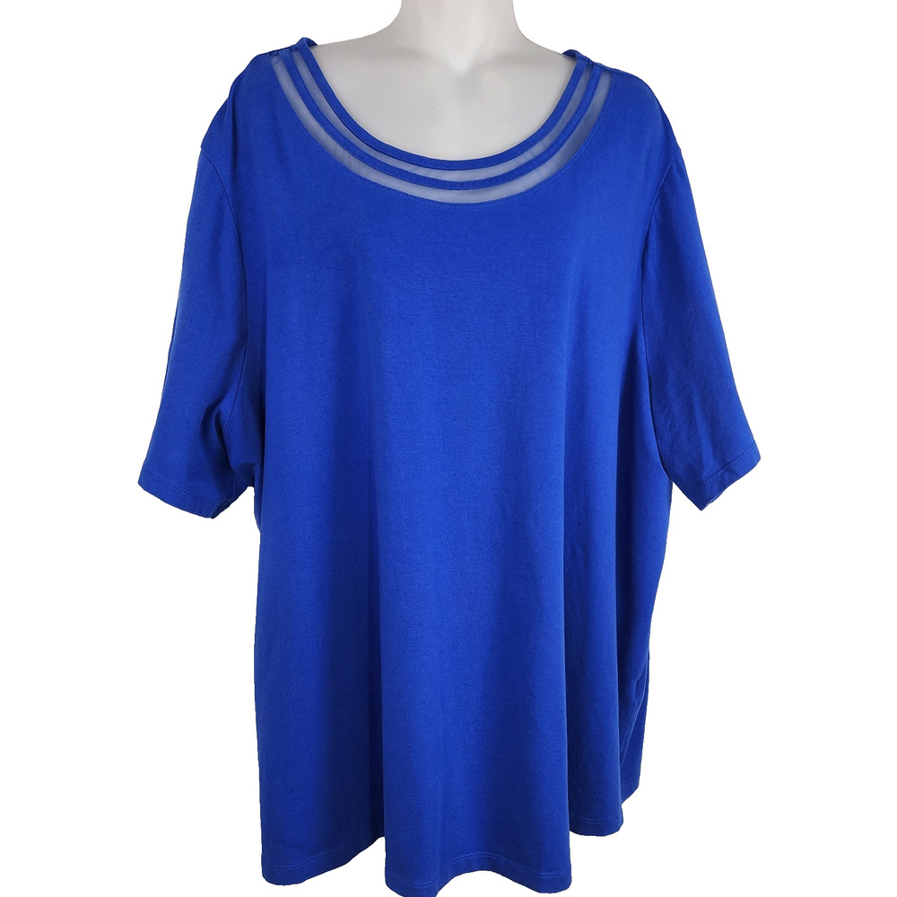 Catherines Suprema Collection Womens Top Blue Mesh Sheer Trim Scoop Neck Knit 2X